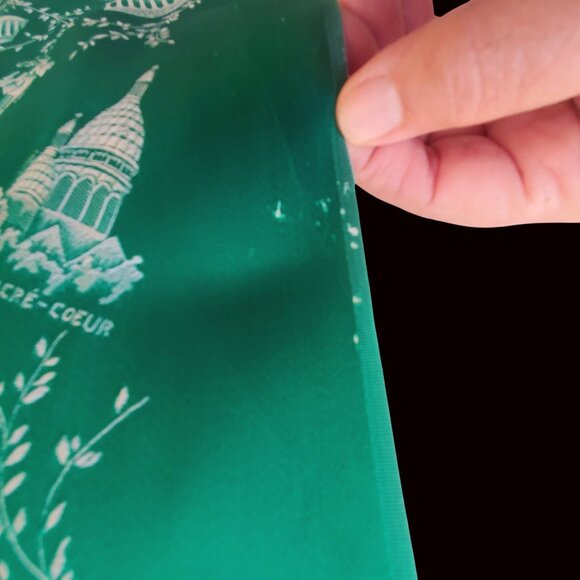 Distressed Antique Green Scarf Paris Souvenir With Landmarks & Moth Holes 47" - Picture 8 of 11